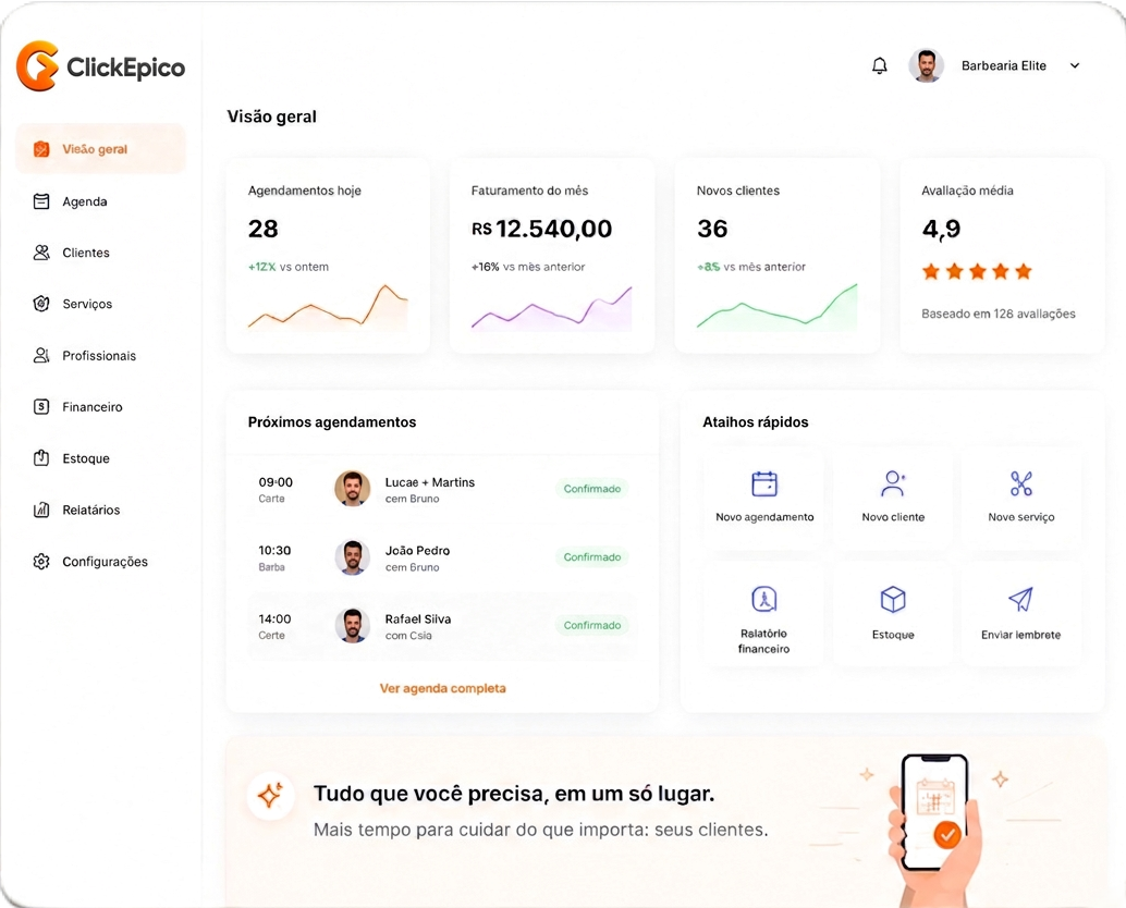 Dashboard do ClickEpico com visão geral do salão
